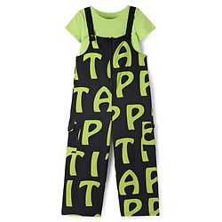 Pine Kids Cotton Knit Half Sleeves Solid T-Shirt & Dungaree with Alphabet Print - Black & Light Green