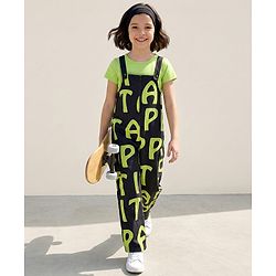 Pine Kids Cotton Knit Half Sleeves Solid T-Shirt & Dungaree with Alphabet Print - Black & Light Green