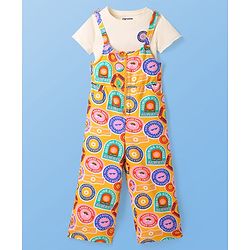 Pine Kids Cotton Kit Text Printed Dungarees & Half Sleeves T-Shirt - Golden