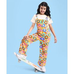 Pine Kids Cotton Kit Text Printed Dungarees & Half Sleeves T-Shirt - Golden