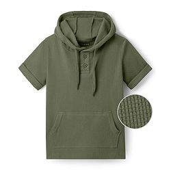 Pine Kids Cotton Knit Half Sleeves  Textured Hooded T-Shirt - Olive Green