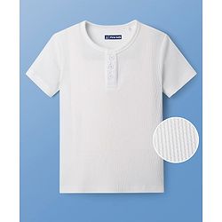 Pine Kids Cotton Knit Half Sleeves  Textured with Henley Neck T-Shirt - White