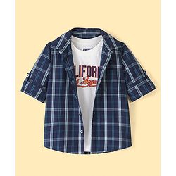 Pine Kids Cotton Woven Full Sleeves Chekered Shirt with T-Shirt - Blue
