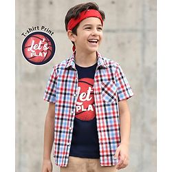 Pine Kids Cotton Woven Half Sleeves Checkered Shirt with Text Printed T-Shirt - Red