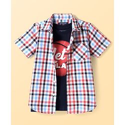 Pine Kids Cotton Woven Half Sleeves Checkered Shirt with Text Printed T-Shirt - Red