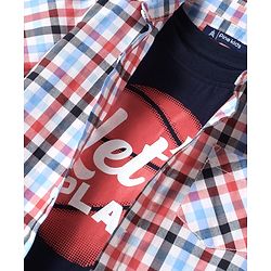 Pine Kids Cotton Woven Half Sleeves Checkered Shirt with Text Printed T-Shirt - Red