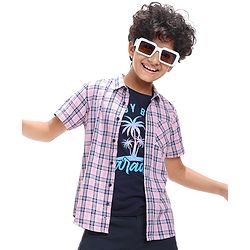 Pine Kids Cotton Woven Half Sleeves Check Shirt with Text Print Inner Tank T-Shirt - Pink & Black