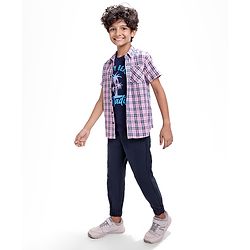 Pine Kids Cotton Woven Half Sleeves Check Shirt with Text Print Inner Tank T-Shirt - Pink & Black