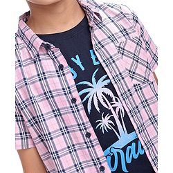 Pine Kids Cotton Woven Half Sleeves Check Shirt with Text Print Inner Tank T-Shirt - Pink & Black