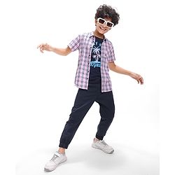 Pine Kids Cotton Woven Half Sleeves Check Shirt with Text Print Inner Tank T-Shirt - Pink & Black