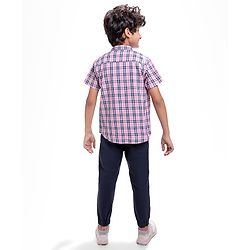 Pine Kids Cotton Woven Half Sleeves Check Shirt with Text Print Inner Tank T-Shirt - Pink & Black