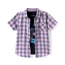 Pine Kids Cotton Woven Half Sleeves Check Shirt with Text Print Inner Tank T-Shirt - Pink & Black