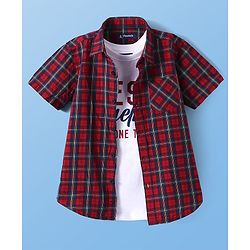 Pine Kids Cotton Woven Half Sleeves Checked Shirt with T-Shirt - Red
