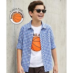 Pine Kids Cotton Woven Full Sleeves Checkered Shirt With T-Shirt - Blue