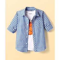 Pine Kids Cotton Woven Full Sleeves Checkered Shirt With T-Shirt - Blue