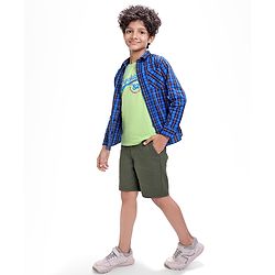 Pine Kids Cotton Woven Full Sleeves Checks Shirt With Text Printed T-Shirt - Navy Blue & Red
