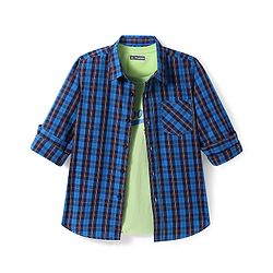 Pine Kids Cotton Woven Full Sleeves Checks Shirt With Text Printed T-Shirt - Navy Blue & Red
