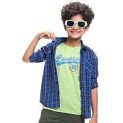 Pine Kids Cotton Woven Full Sleeves Checks Shirt With Text Printed T-Shirt - Navy Blue & Red