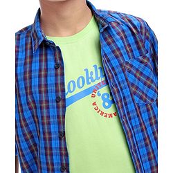 Pine Kids Cotton Woven Full Sleeves Checks Shirt With Text Printed T-Shirt - Navy Blue & Red