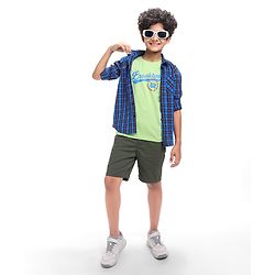 Pine Kids Cotton Woven Full Sleeves Checks Shirt With Text Printed T-Shirt - Navy Blue & Red