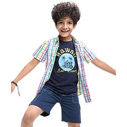 Pine Kids Cotton Woven Half Sleeves Checkered Shirt with Text Printed T-Shirt - White
