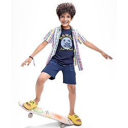 Pine Kids Cotton Woven Half Sleeves Checkered Shirt with Text Printed T-Shirt - White