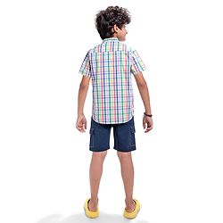 Pine Kids Cotton Woven Half Sleeves Checkered Shirt with Text Printed T-Shirt - White