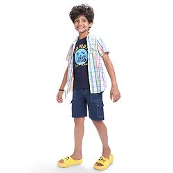 Pine Kids Cotton Woven Half Sleeves Checkered Shirt with Text Printed T-Shirt - White