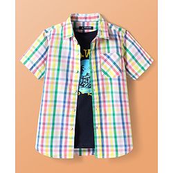 Pine Kids Cotton Woven Half Sleeves Checkered Shirt with Text Printed T-Shirt - White