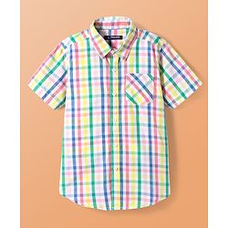 Pine Kids Cotton Woven Half Sleeves Checkered Shirt with Text Printed T-Shirt - White