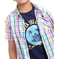 Pine Kids Cotton Woven Half Sleeves Checkered Shirt with Text Printed T-Shirt - White