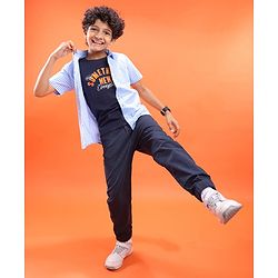 Pine Kids Cotton Woven Half Sleeves Checkered Shirt with Text Printed T-Shirt - Blue