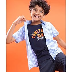 Pine Kids Cotton Woven Half Sleeves Checkered Shirt with Text Printed T-Shirt - Blue
