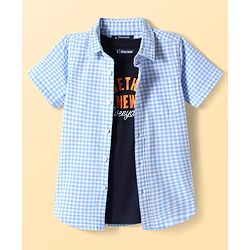 Pine Kids Cotton Woven Half Sleeves Checkered Shirt with Text Printed T-Shirt - Blue