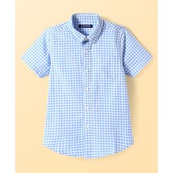 Pine Kids Cotton Woven Half Sleeves Checkered Shirt with Text Printed T-Shirt - Blue