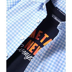 Pine Kids Cotton Woven Half Sleeves Checkered Shirt with Text Printed T-Shirt - Blue