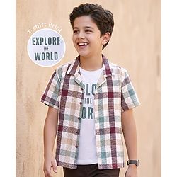 Pine Kids Cotton Woven Half Sleeves Checkered Shirt with Text Printed T-Shirt - White & Green