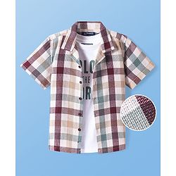 Pine Kids Cotton Woven Half Sleeves Checkered Shirt with Text Printed T-Shirt - White & Green