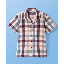 Pine Kids Cotton Woven Half Sleeves Checkered Shirt with Text Printed T-Shirt - White & Green