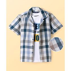 Pine Kids Cotton Knit Half Sleeves Check Shirt with T-Shirt Text Print - Grey & White