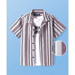 Pine Kids Cotton Woven Half Sleeves Striped Shirt with Text Printed T-Shirt - White & Pink