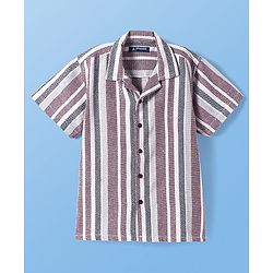 Pine Kids Cotton Woven Half Sleeves Striped Shirt with Text Printed T-Shirt - White & Pink