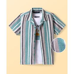 Pine Kids Cotton Woven Half Sleeves Striped Shirt with T-Shirt - Mint Green & White