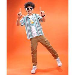Pine Kids Cotton Woven Half Sleeves Striped Shirt with T-Shirt - Mint Green & White