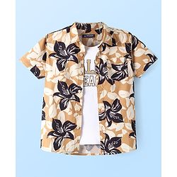 Pine Kids Cotton Woven Half Sleeves Floral Printed Shirt with Text Printed T-Shirt - Tan
