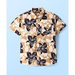Pine Kids Cotton Woven Half Sleeves Floral Printed Shirt with Text Printed T-Shirt - Tan