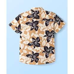 Pine Kids Cotton Woven Half Sleeves Floral Printed Shirt with Text Printed T-Shirt - Tan
