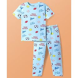 Pine Kids Single Jersey Knit Half Sleeves Night Suit With Sports Theme Print - Light Blue