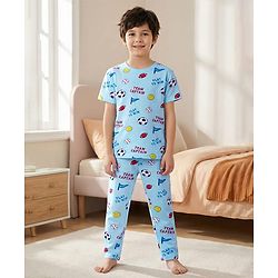 Pine Kids Single Jersey Knit Half Sleeves Night Suit With Sports Theme Print - Light Blue