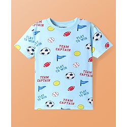 Pine Kids Single Jersey Knit Half Sleeves Night Suit With Sports Theme Print - Light Blue